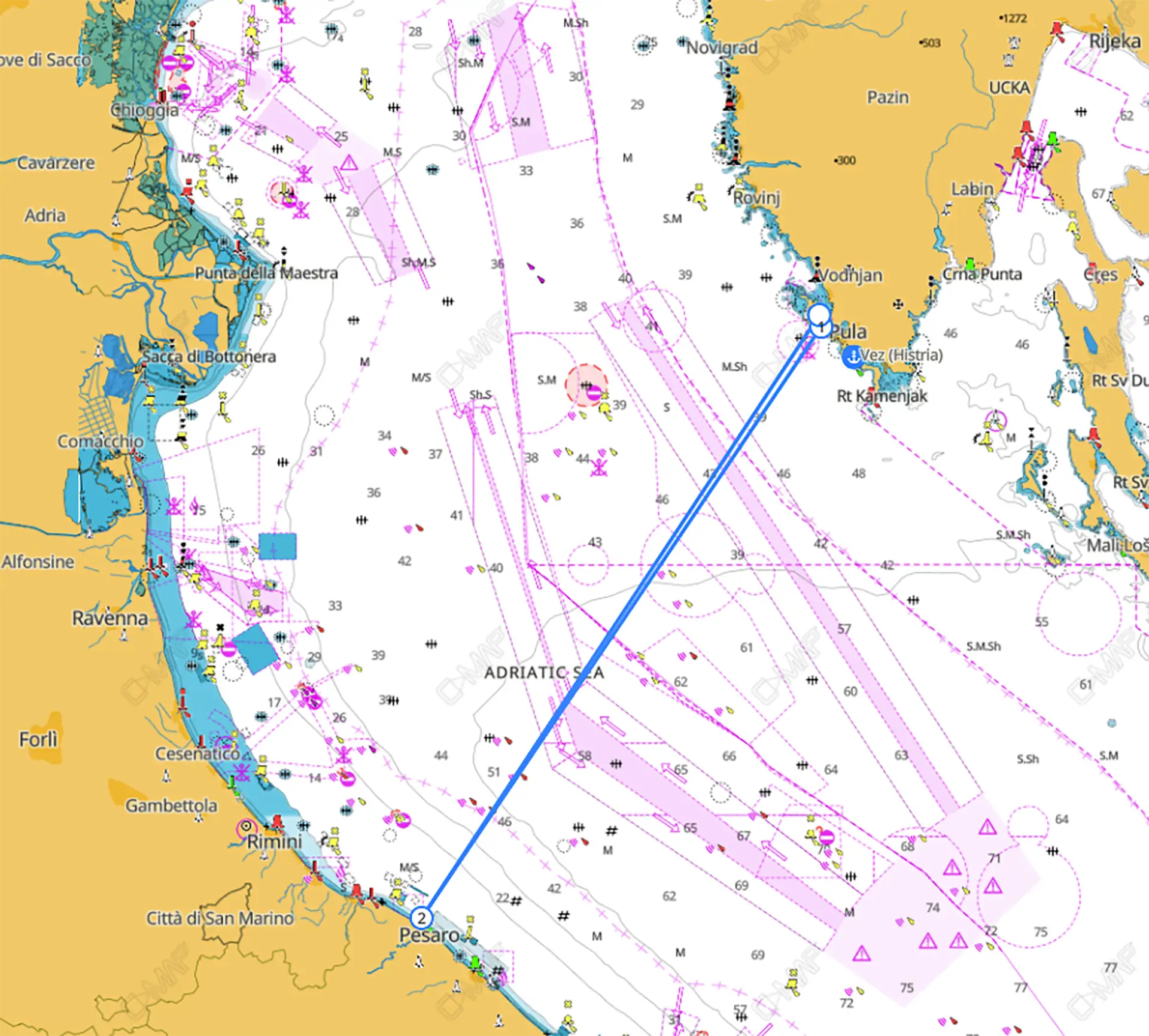 Route for Sulla Rotta Dei Trabaccoli regatta only, transfer from Pula.