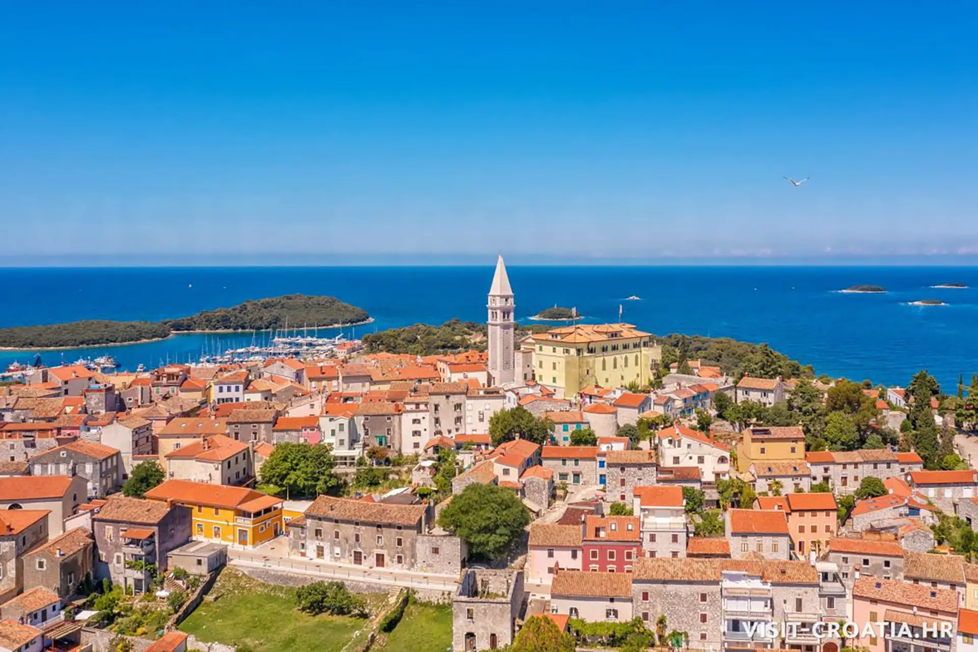 An aerial view of Vrsar, Croatia, showcasing its charming coastal town with terracotta rooftops clustered around the iconic bell tower of the Church of St. Martin.