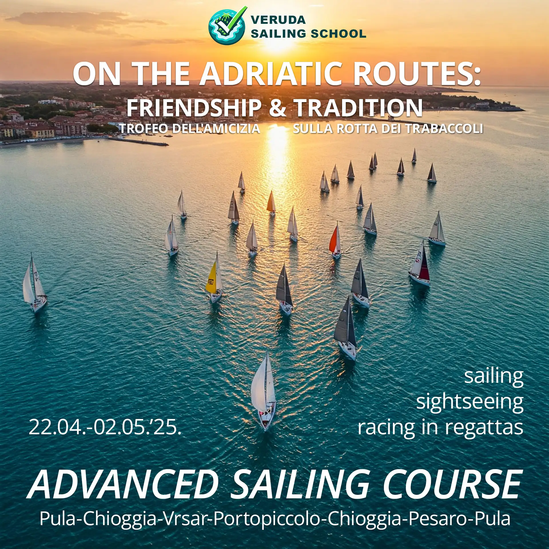 Aerial view of a regatta with multiple sailboats on turquoise water near historic town of Chioggia, Italy. The sun is setting, illuminating the scene with a golden glow over the town and sea.