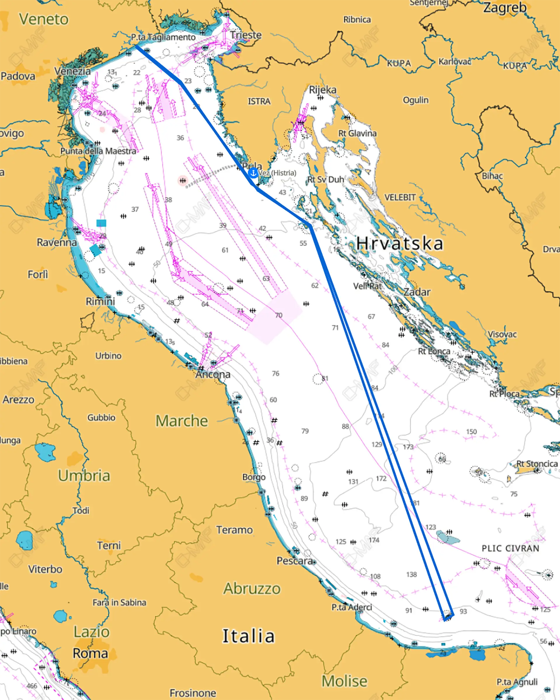 The regatta route starting from Caorle, Italy, rounding the Tremiti islands and finishing back in Caorle.