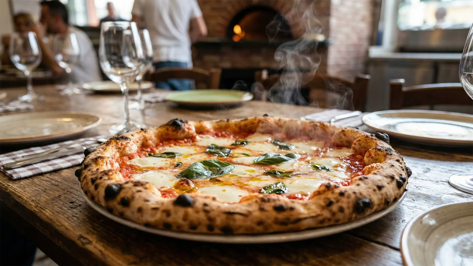 Steaming Neapolitan pizza with a puffy, charred crust, fresh mozzarella, and basil leaves on a wooden table.