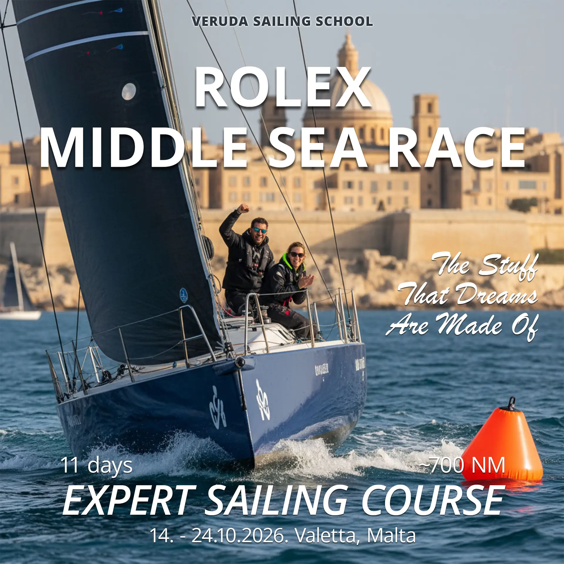 An Epic Challenge Awaits: The Rolex Middle Sea Race 2026 Expert Sailing Course advertisement. A sailboat races across the finish line in front of Malta's historic Grand Harbour.